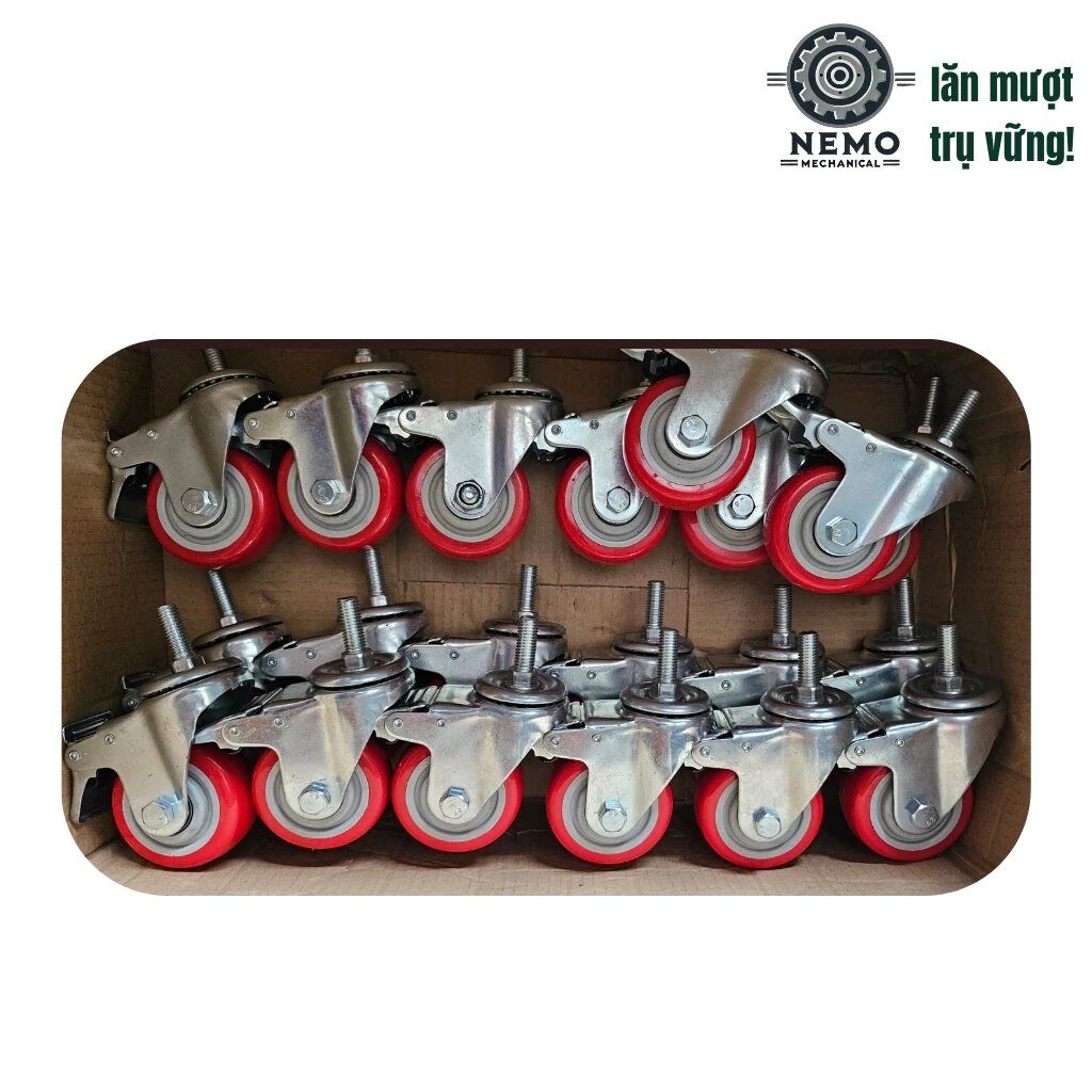 Bánh xe đẩy hàng PVC đỏ mận, cọc vít, có bạc đạn, đường kính 7cm, 10cm, 12cm, 105-135kg /bánh